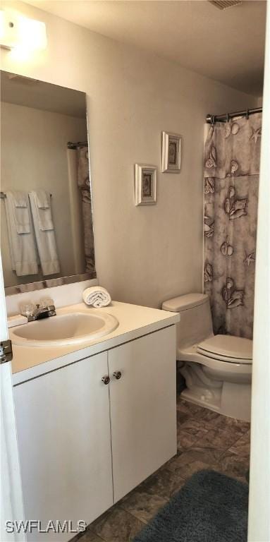 full bath featuring visible vents, vanity, and toilet