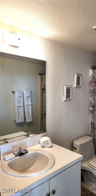 full bathroom featuring toilet, vanity, and a textured ceiling