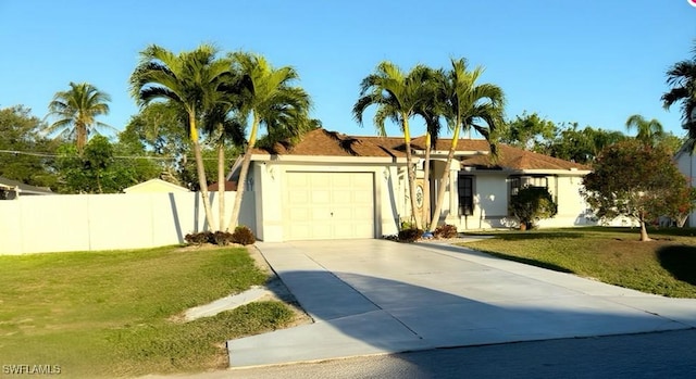 ranch-style home featuring a garage, fence, concrete driveway, and a front yard