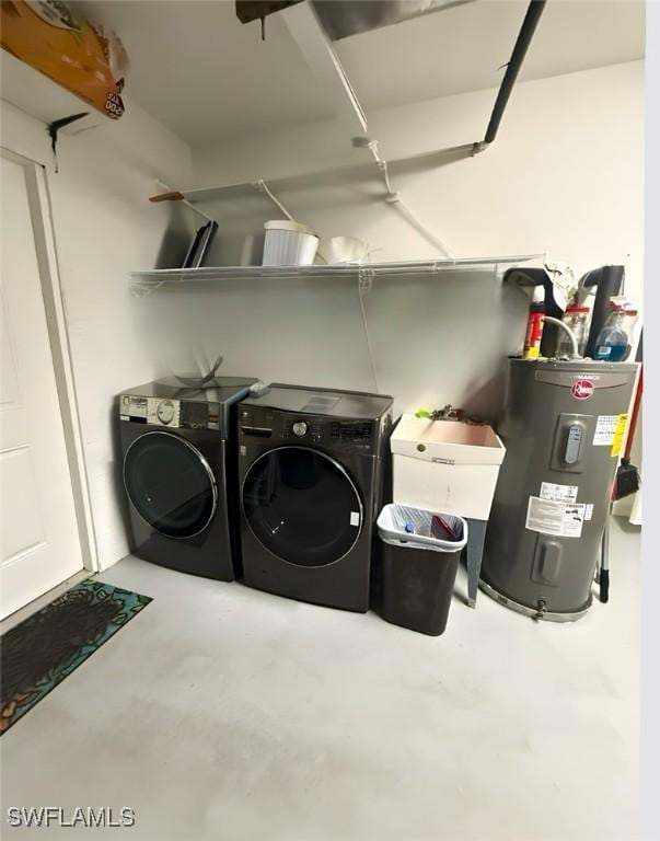 laundry room featuring laundry area, electric water heater, a sink, and washer and clothes dryer