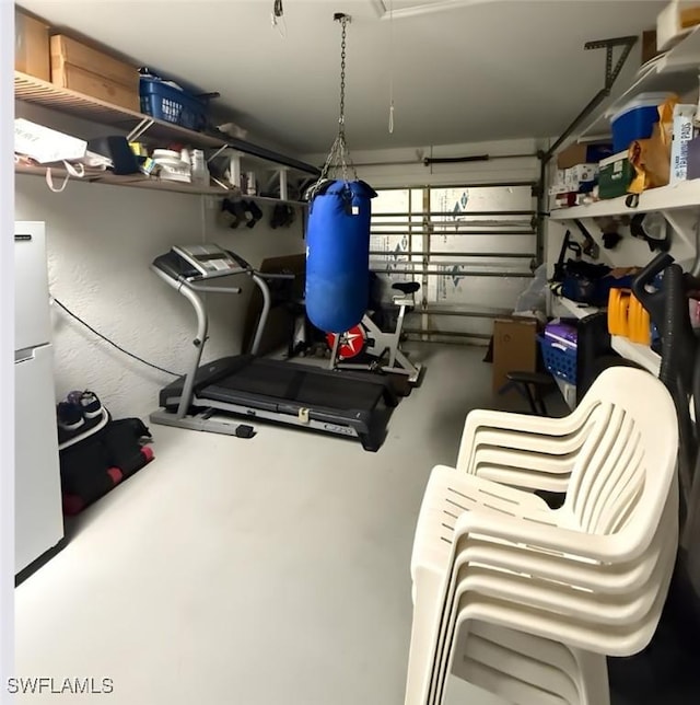 workout room featuring a garage