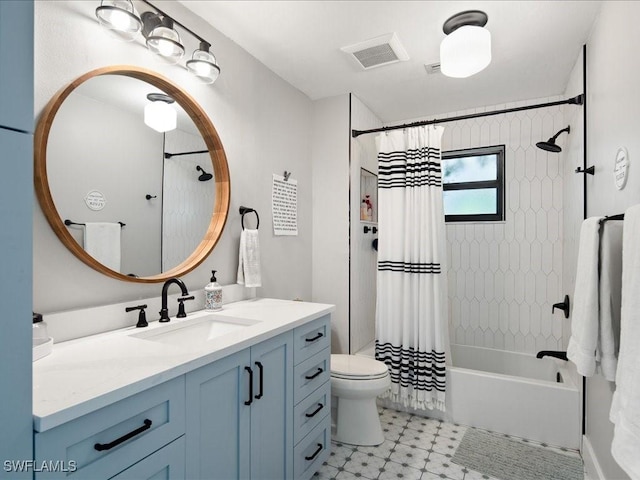 bathroom featuring visible vents, shower / bathtub combination with curtain, toilet, vanity, and tile patterned floors