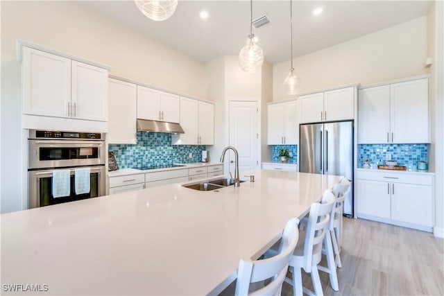 kitchen featuring visible vents, a sink, under cabinet range hood, appliances with stainless steel finishes, and white cabinets