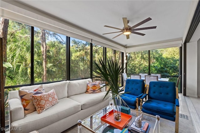 sunroom / solarium featuring plenty of natural light and a ceiling fan