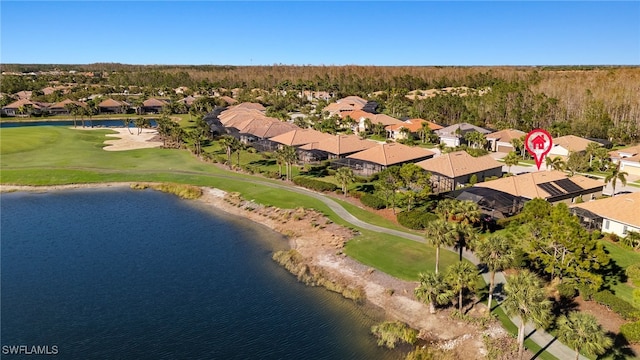 bird's eye view featuring a residential view, view of golf course, and a water view