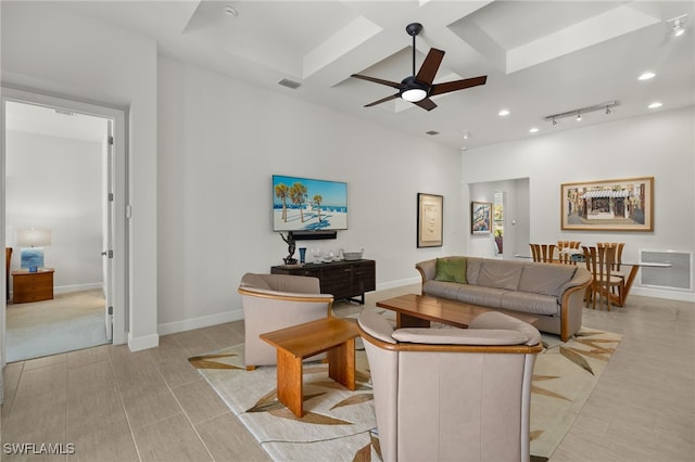 living room with recessed lighting, visible vents, baseboards, and coffered ceiling