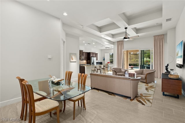 dining room with visible vents, baseboards, ceiling fan, recessed lighting, and coffered ceiling