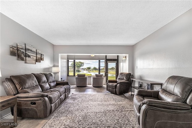 living area with wood finished floors, a textured ceiling, and a textured wall