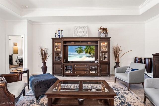 living area featuring a tray ceiling, baseboards, and ornamental molding