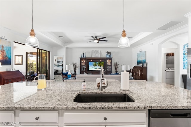 kitchen with a sink, a tray ceiling, washer / clothes dryer, open floor plan, and dishwasher