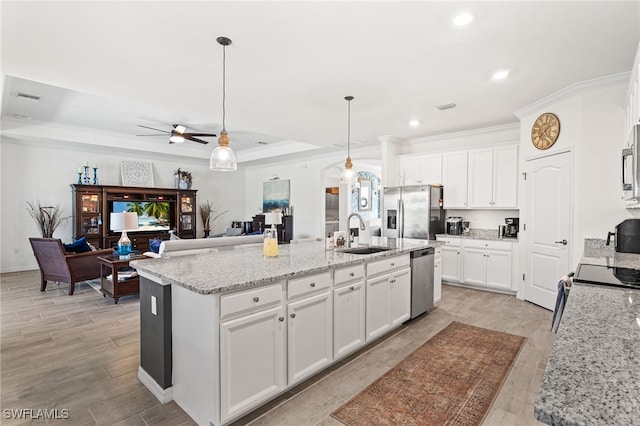 kitchen featuring light wood-style flooring, stainless steel appliances, a tray ceiling, and a sink