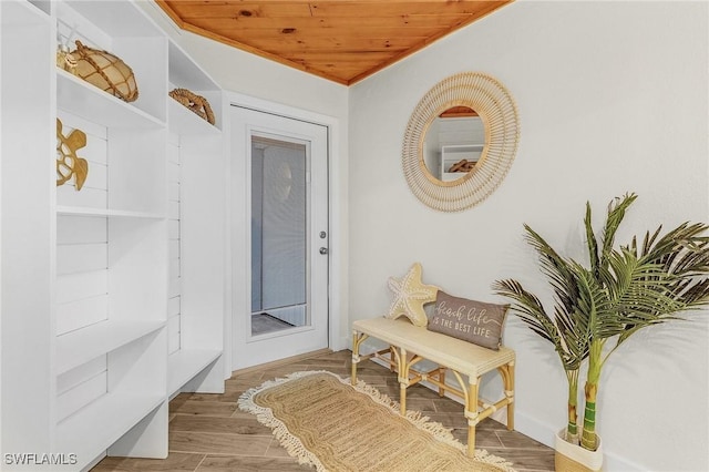 mudroom with wood finished floors and wood ceiling