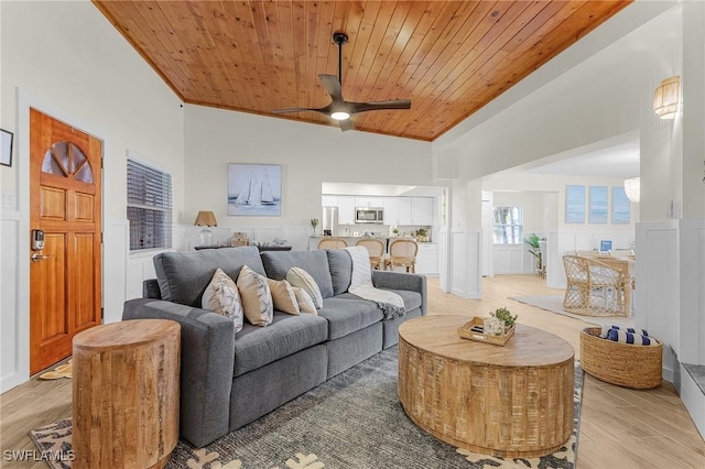 living room with a wainscoted wall, wood ceiling, and wood finished floors