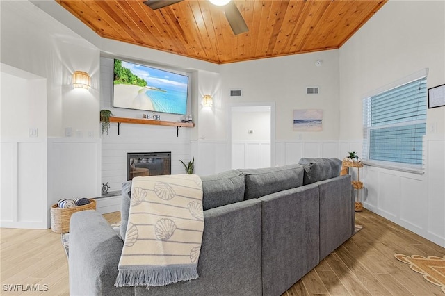 living room featuring visible vents, wood ceiling, a glass covered fireplace, and wainscoting