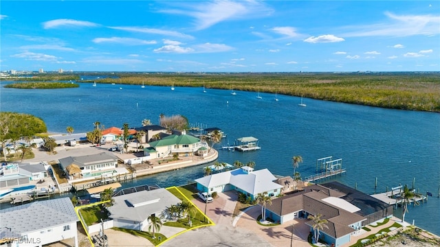 birds eye view of property with a water view and a residential view