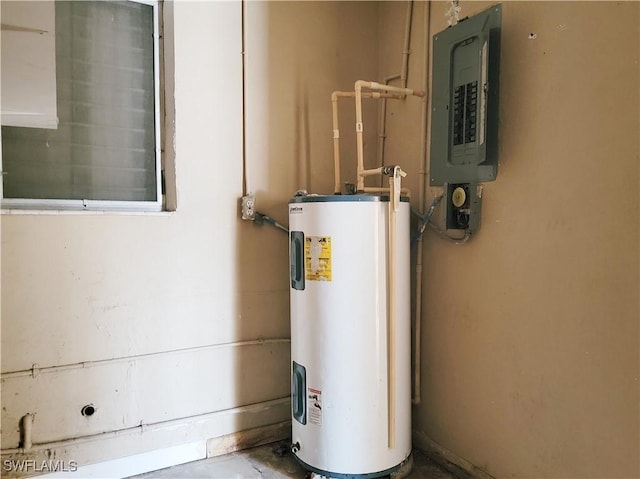 utility room with electric water heater and electric panel