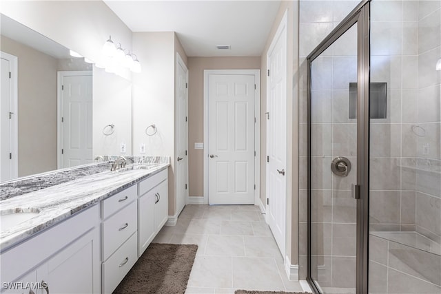 full bath with double vanity, a stall shower, and a sink