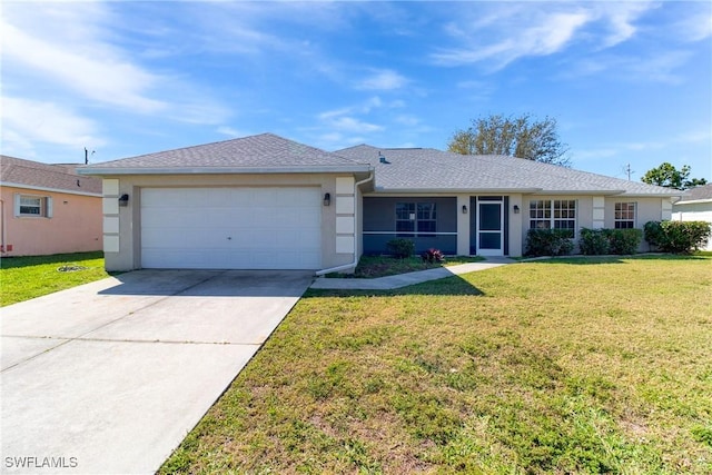 ranch-style house featuring a front yard, concrete driveway, an attached garage, and stucco siding