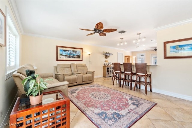 tiled living room featuring visible vents, baseboards, a ceiling fan, and ornamental molding