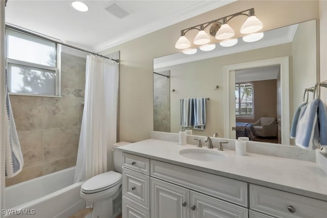 full bathroom with toilet, crown molding, visible vents, vanity, and shower / bathtub combination with curtain