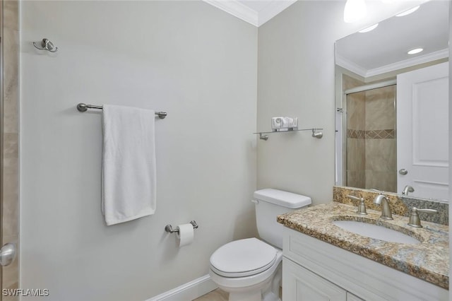 full bathroom with toilet, vanity, baseboards, tiled shower, and crown molding