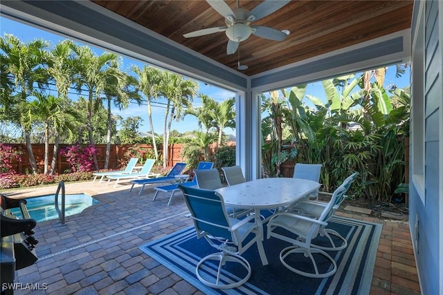 view of patio / terrace featuring ceiling fan, a fenced in pool, outdoor dining area, and a fenced backyard