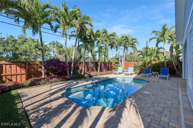 view of swimming pool featuring a fenced backyard, a fenced in pool, and a patio