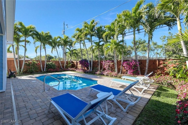 view of pool featuring a patio, a fenced backyard, and a fenced in pool