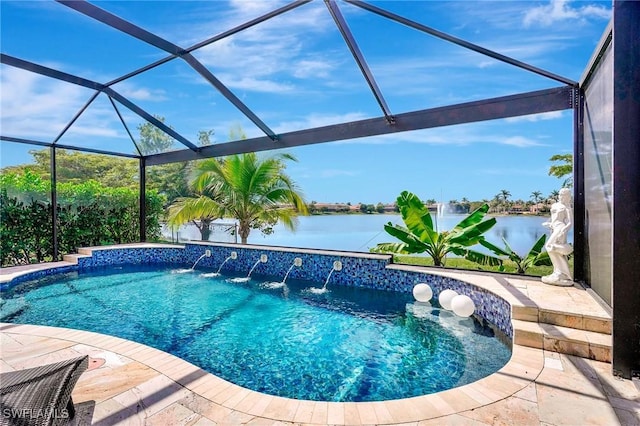 outdoor pool with a lanai and a water view