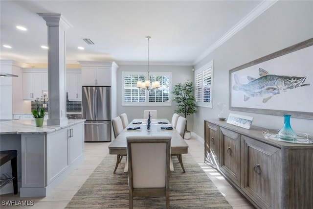 dining space with baseboards, visible vents, ornamental molding, ornate columns, and recessed lighting