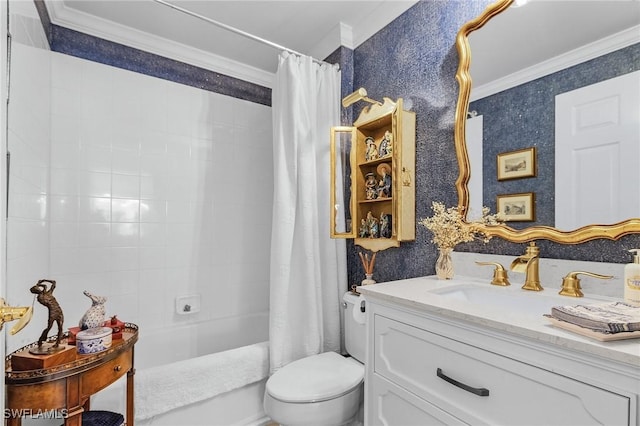 bathroom featuring wallpapered walls, toilet, ornamental molding, vanity, and shower / bathtub combination with curtain