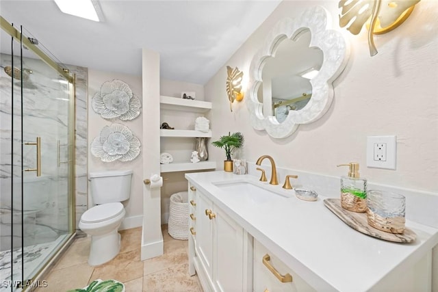 full bathroom featuring toilet, a marble finish shower, vanity, and tile patterned floors