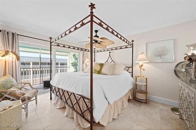 tiled bedroom with access to exterior, ceiling fan, and baseboards