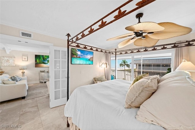 bedroom with light tile patterned floors, visible vents, baseboards, access to exterior, and french doors