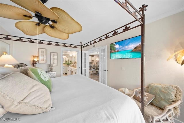 bedroom with french doors, ensuite bath, a ceiling fan, and crown molding