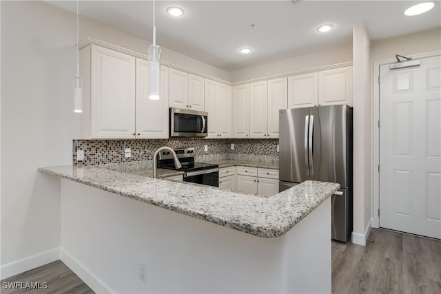 kitchen featuring light stone counters, decorative backsplash, a peninsula, wood finished floors, and stainless steel appliances