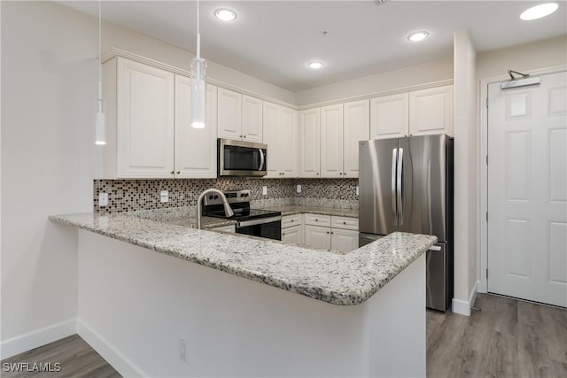 9072 Covina Dr N Unit 5505, Naples, FL 34113 - kitchen featuring stainless steel appliances, a peninsula, wood finished floors, tasteful backsplash, and light stone countertops