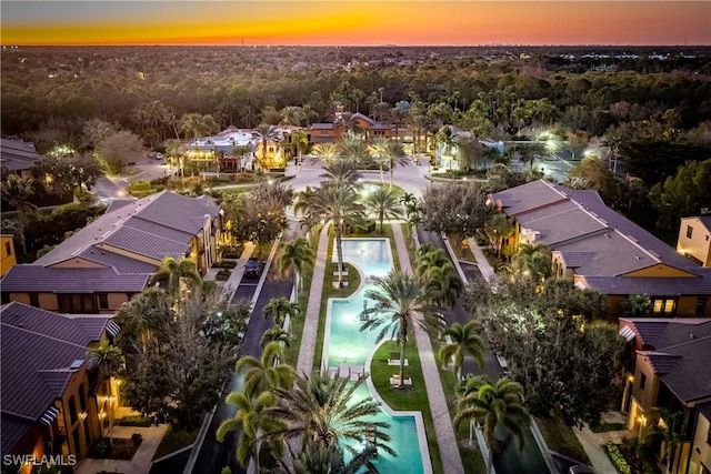 aerial view at dusk with a residential view