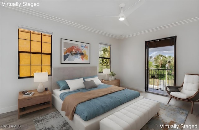 bedroom with baseboards, ornamental molding, wood finished floors, a ceiling fan, and access to outside