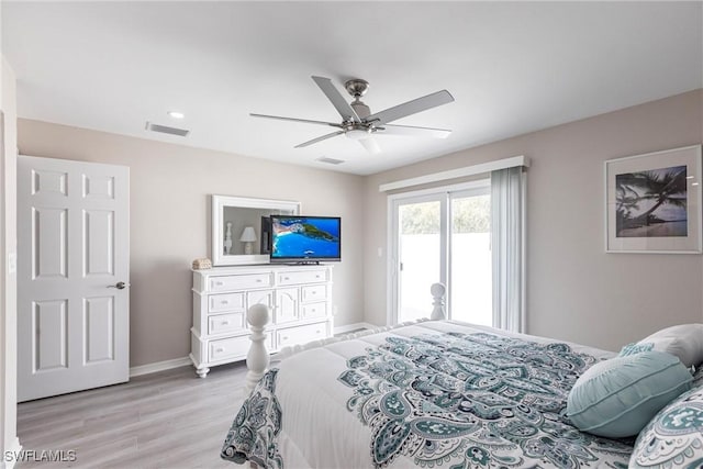 bedroom featuring visible vents, baseboards, a ceiling fan, access to outside, and light wood-type flooring