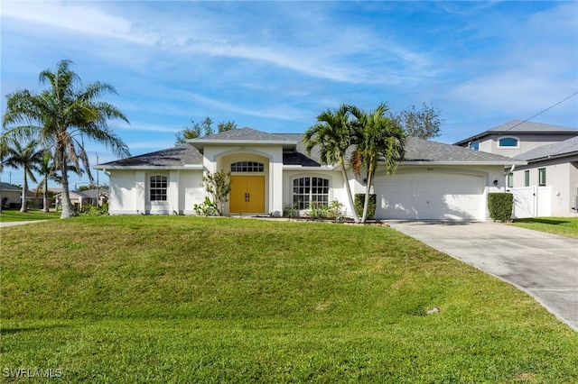 view of front of home with a front yard, fence, driveway, stucco siding, and a garage