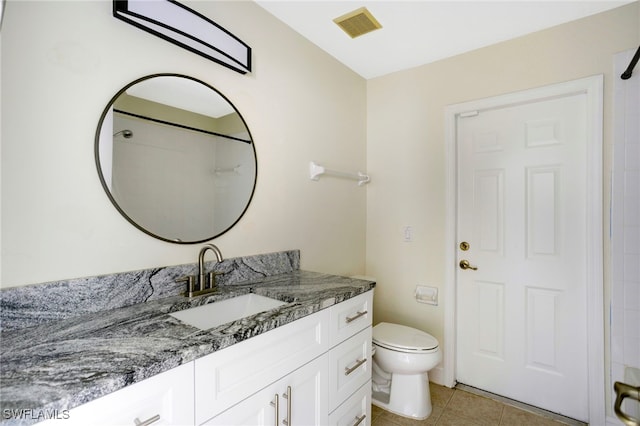 bathroom featuring tile patterned flooring, visible vents, toilet, vanity, and a shower