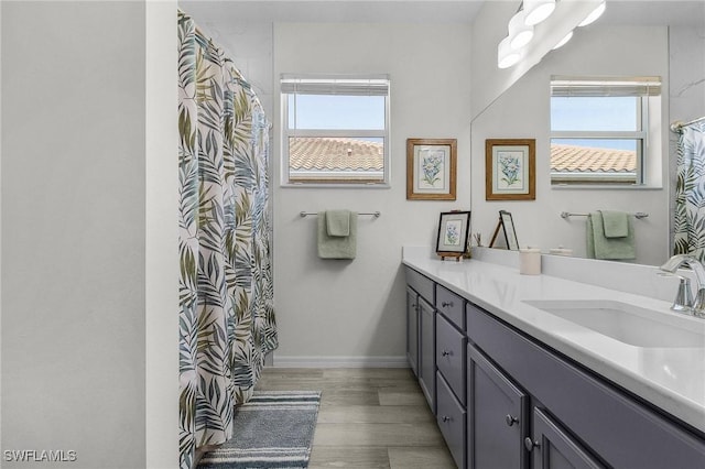 bathroom with vanity, plenty of natural light, wood finished floors, and baseboards