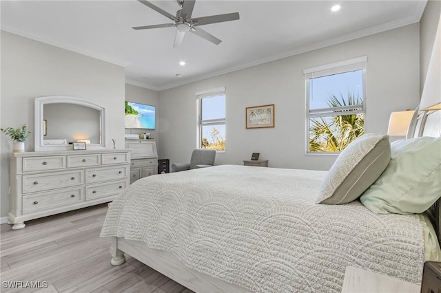 bedroom with recessed lighting, a ceiling fan, light wood-style floors, and ornamental molding