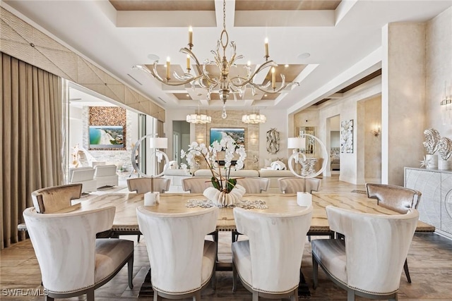 dining area with a tray ceiling, wood finished floors, coffered ceiling, and a chandelier