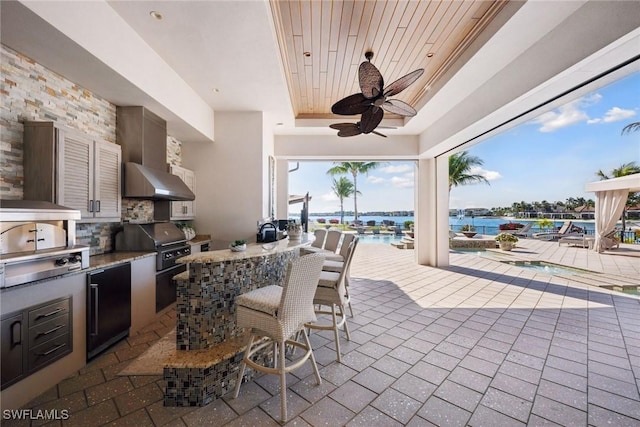 view of patio / terrace with a ceiling fan, an outdoor kitchen, outdoor wet bar, a water view, and grilling area