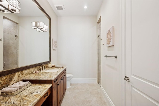 bathroom featuring visible vents, toilet, a notable chandelier, a shower stall, and vanity