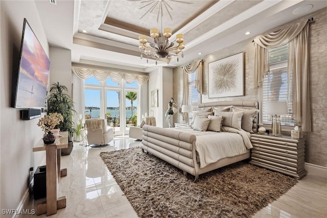 bedroom featuring a raised ceiling, access to outside, a notable chandelier, and baseboards