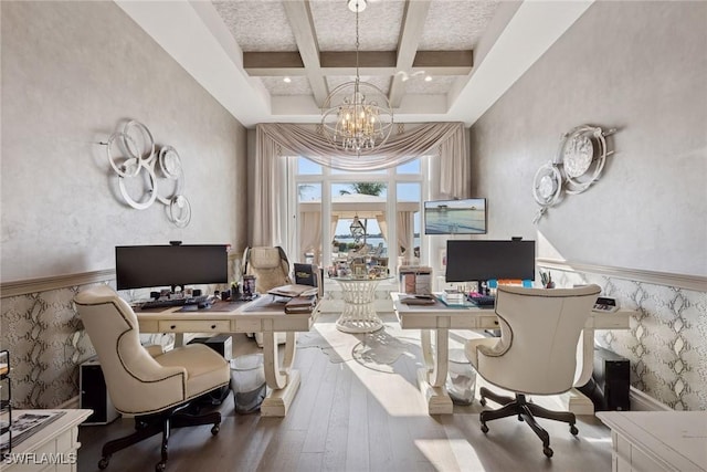 office space featuring wallpapered walls, beam ceiling, hardwood / wood-style flooring, a notable chandelier, and coffered ceiling