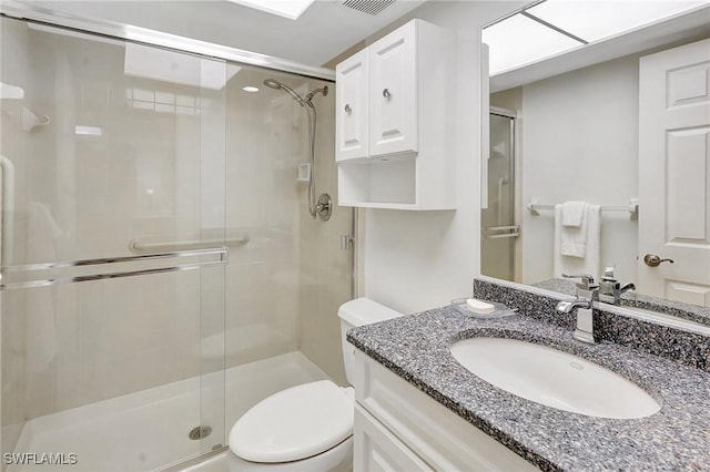 full bathroom with visible vents, vanity, toilet, and a shower stall